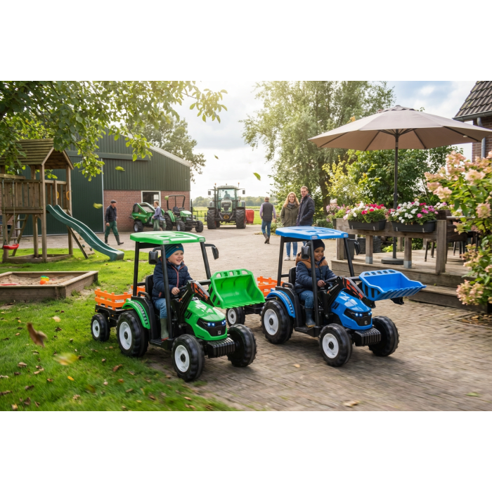Kinder Accu Tractor Farmer met schep en aanhanger Blauw 24 Volt