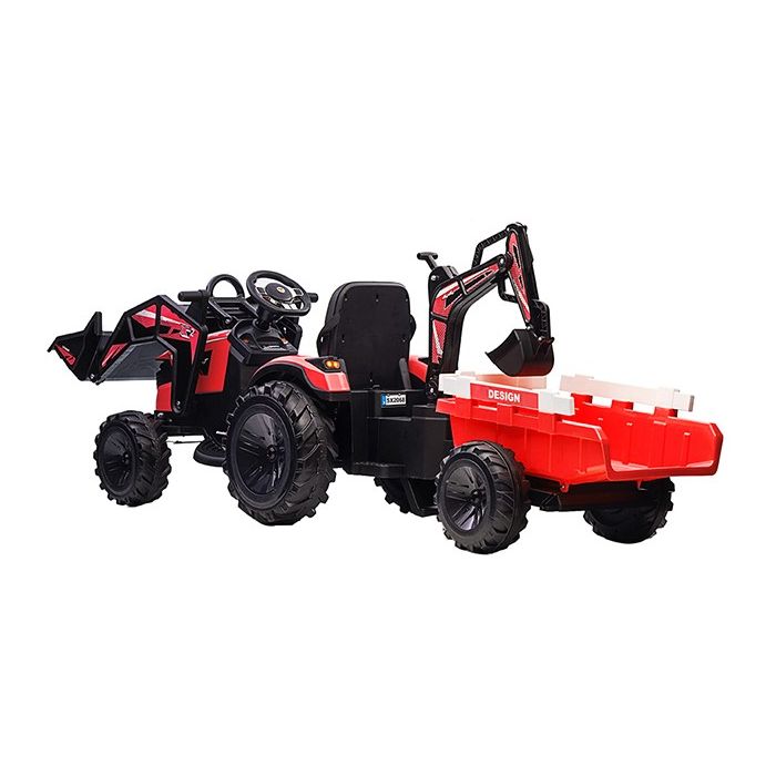 Elektrische Kindertractor Digger Rood 24V met Aanhanger en Schep